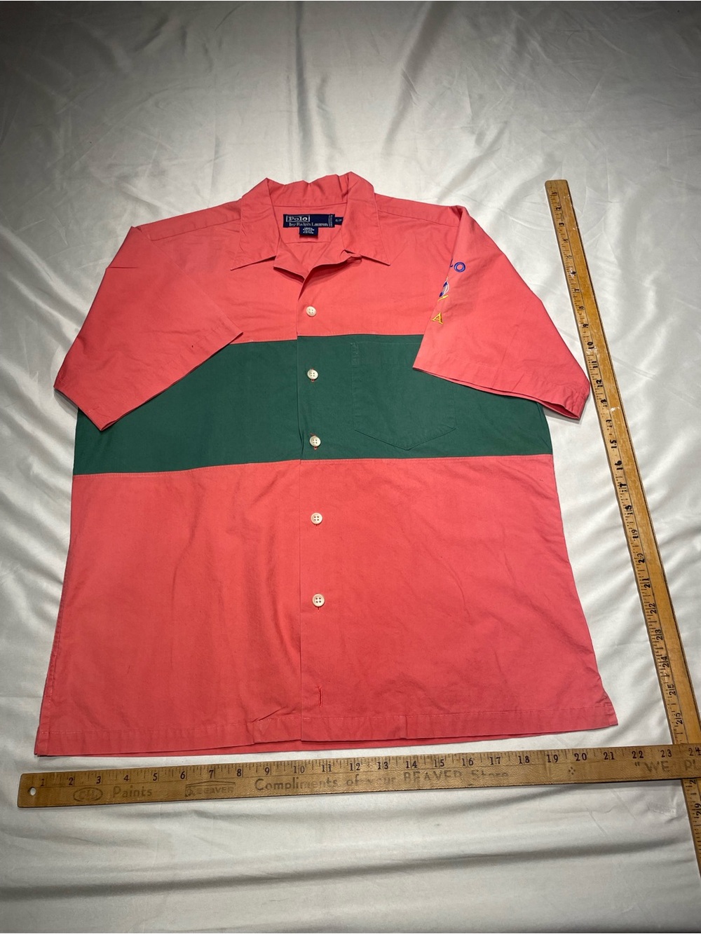 Ralph Lauren Coral and Dark Green Short Sleeve Button-Down Shirt